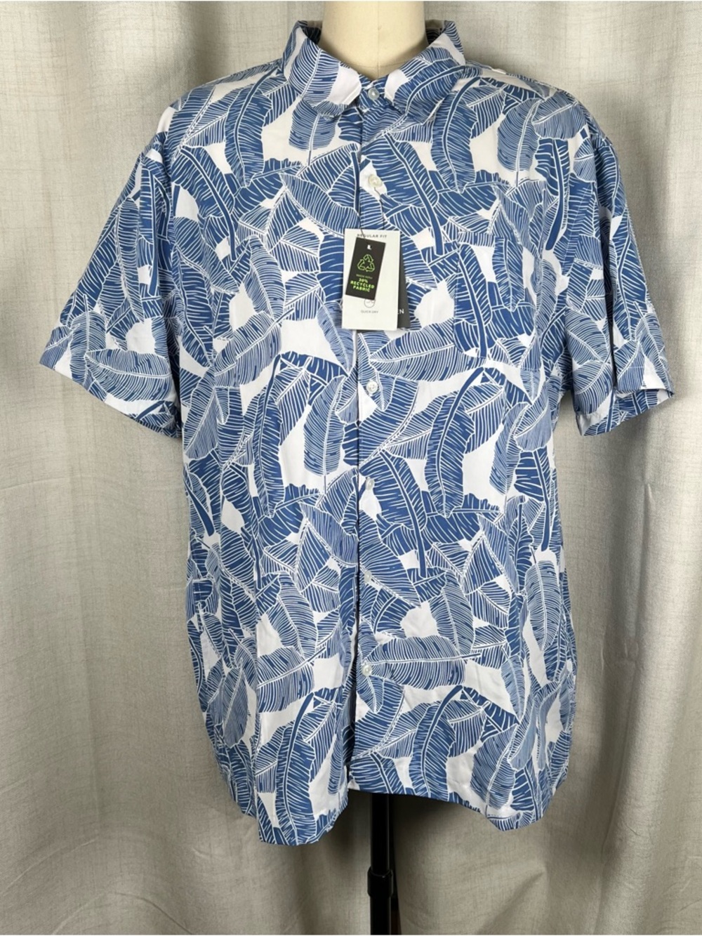 New Men's 2XL Van Heusen Palm Leaf Tropical Outline Gray-Blue Button Down Shirt